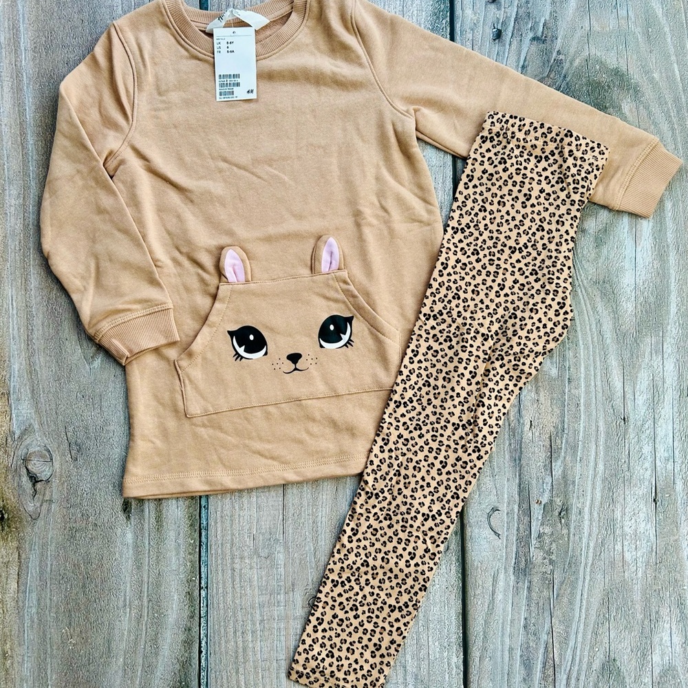 H&M size 5-6yrs Girls Tan Brown Long Sleeve Tunic Dress with Matching Leggings
